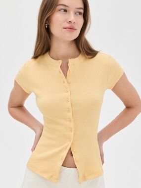 Yellow Button Up Tee Cap Sleeved Ribbed Modal Top